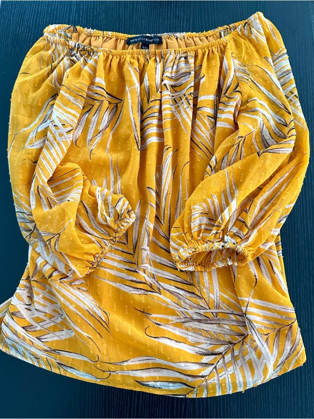 White House Black Market Mustard Yellow Leaf-Print Off-Shoulder Top